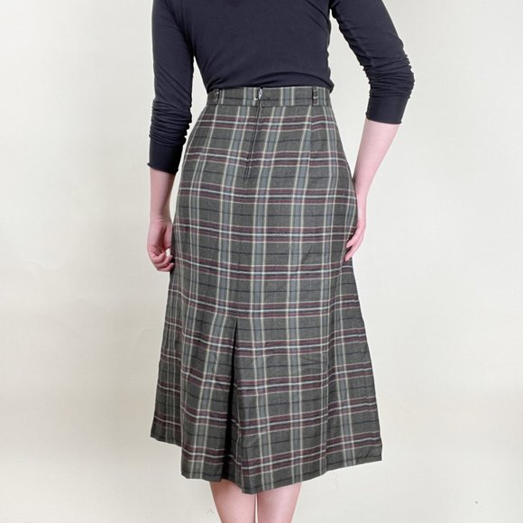 Vintage High Rise Pleated Plaid Midi Skirt Preppy Light Dark Academia Kilt Check - Picture 2 of 9